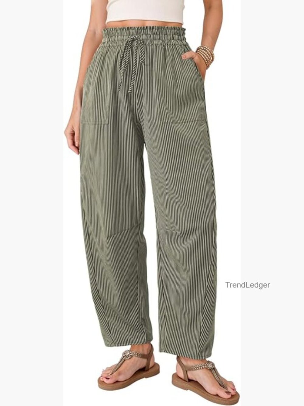 High Waisted Striped Barrel Casual Pants Drawstring Elastic Trousers